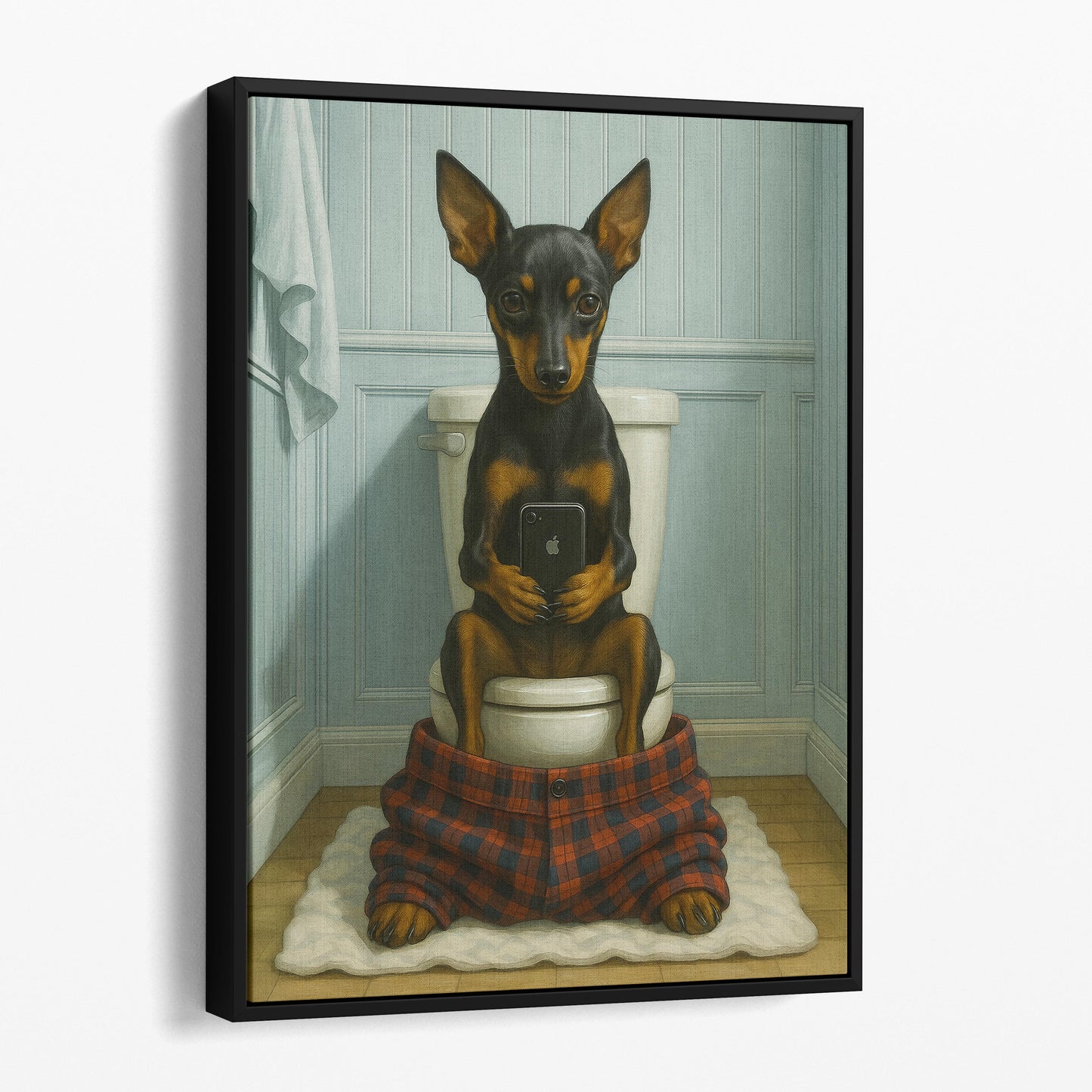 Miniature Pinscher Dog On The Phone On The Toilet
