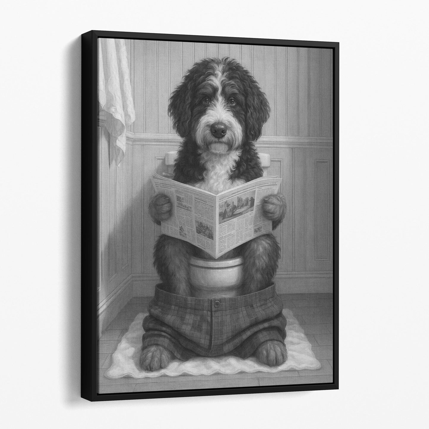 Bernedoodle Reading The Newspaper On The Toilet