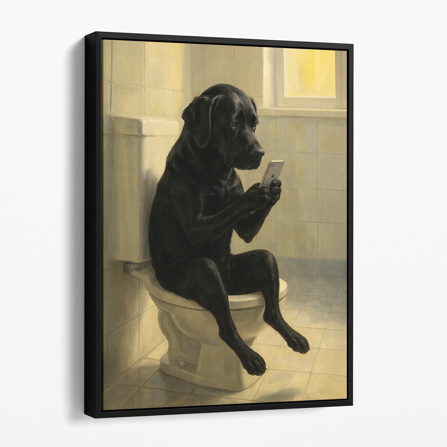 Black Labrador Dog On The Phone On The Toilet