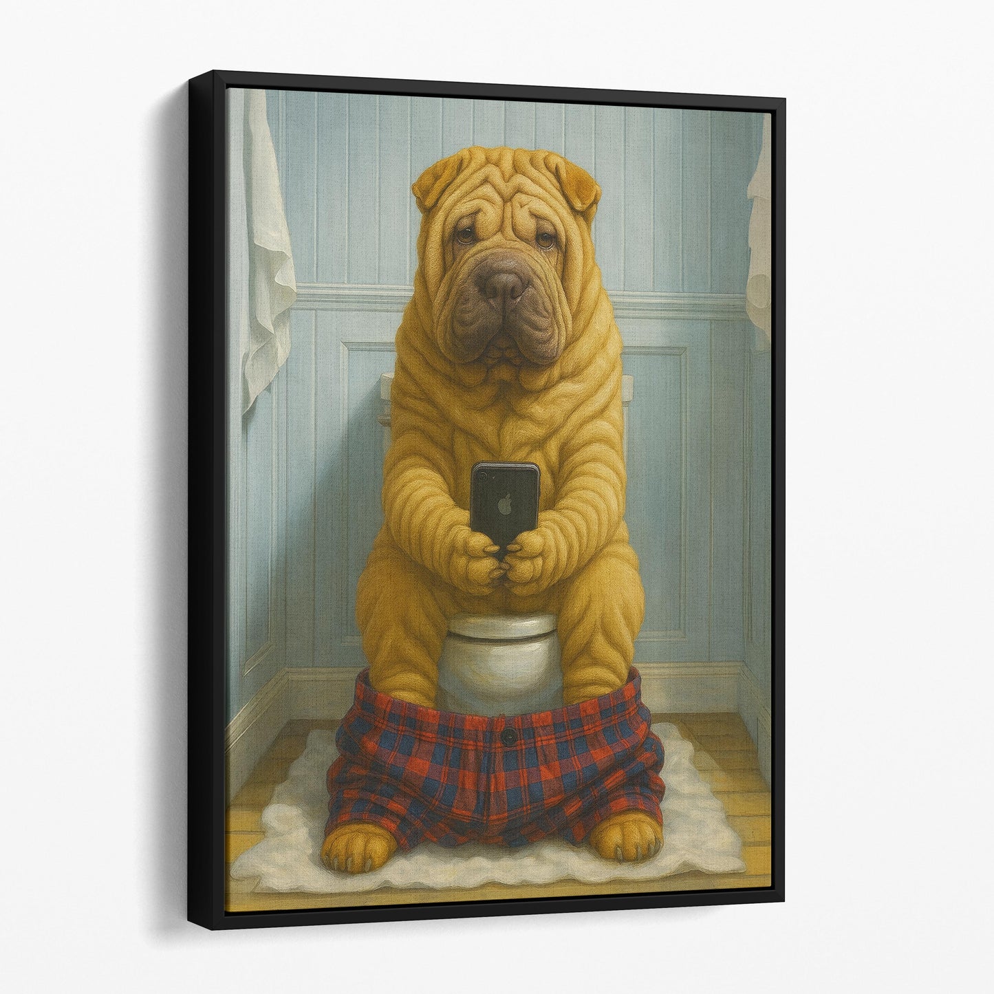 Chinese Shar-Pei Dog On The Phone On The Toilet