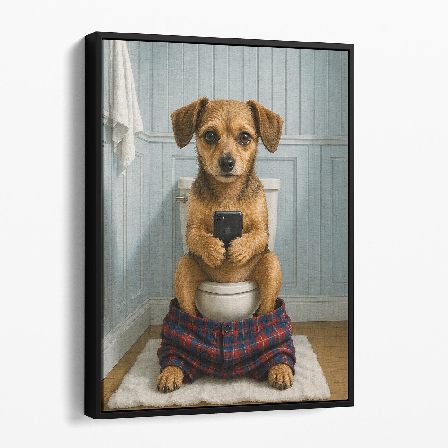 Chiweenie Dog On The Phone On The Toilet