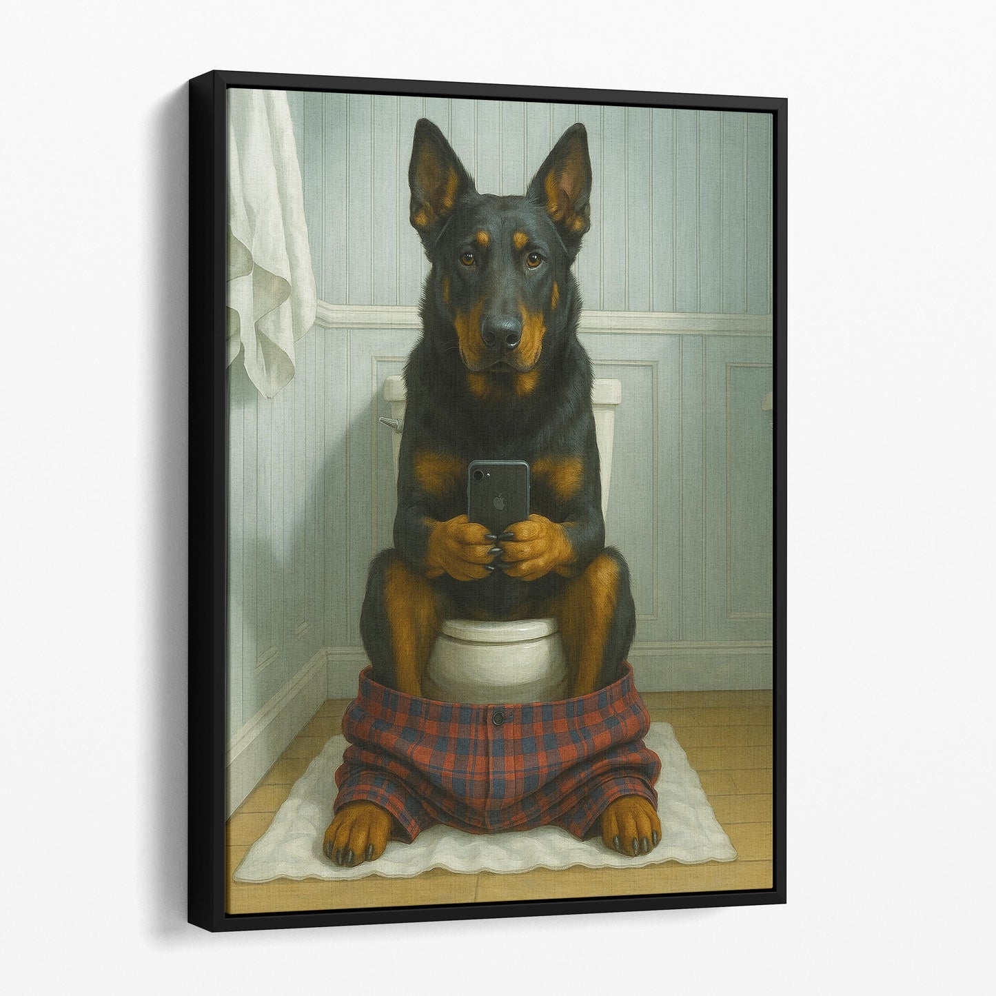 Beauceron Dog On The Phone On The Toilet