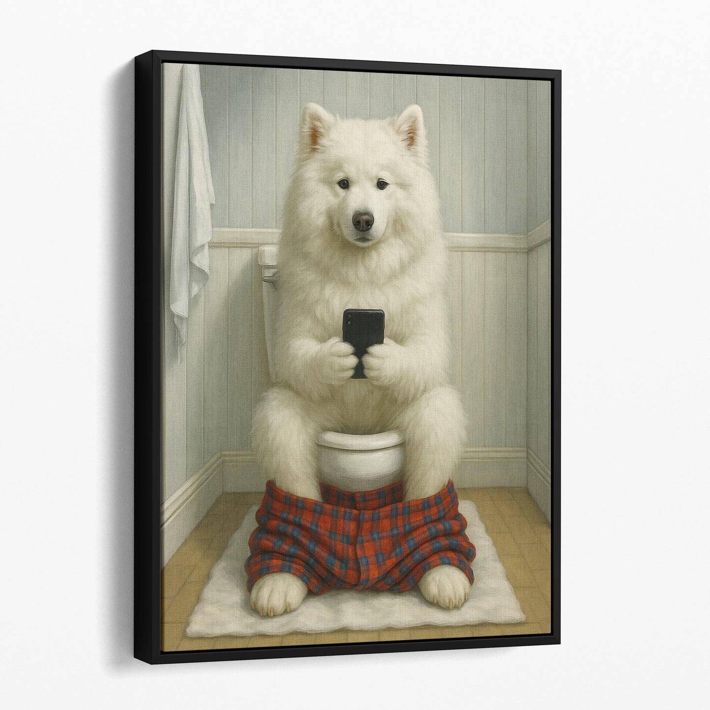 Samoyed Dog On The Phone On The Toilet