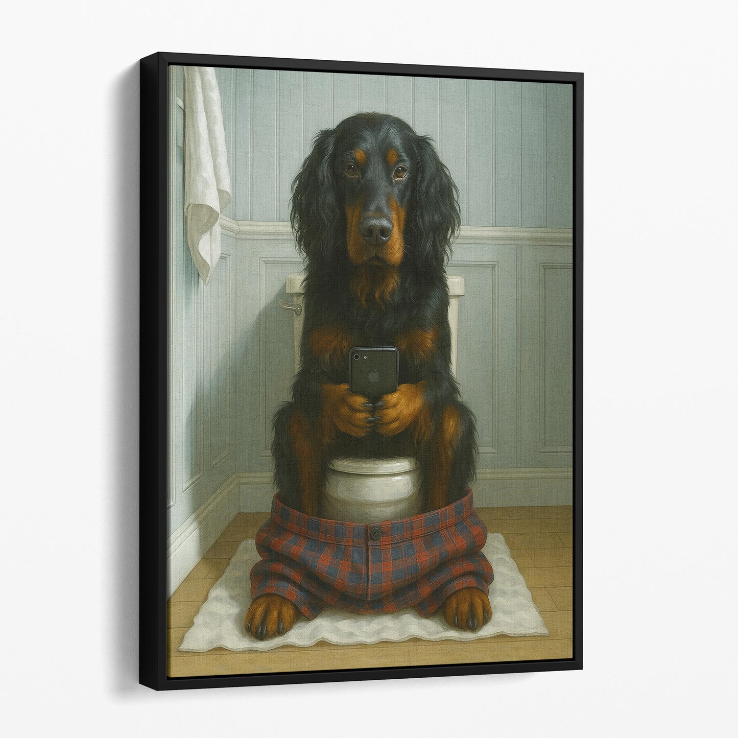 Gordon Setter Dog On The Phone On The Toilet
