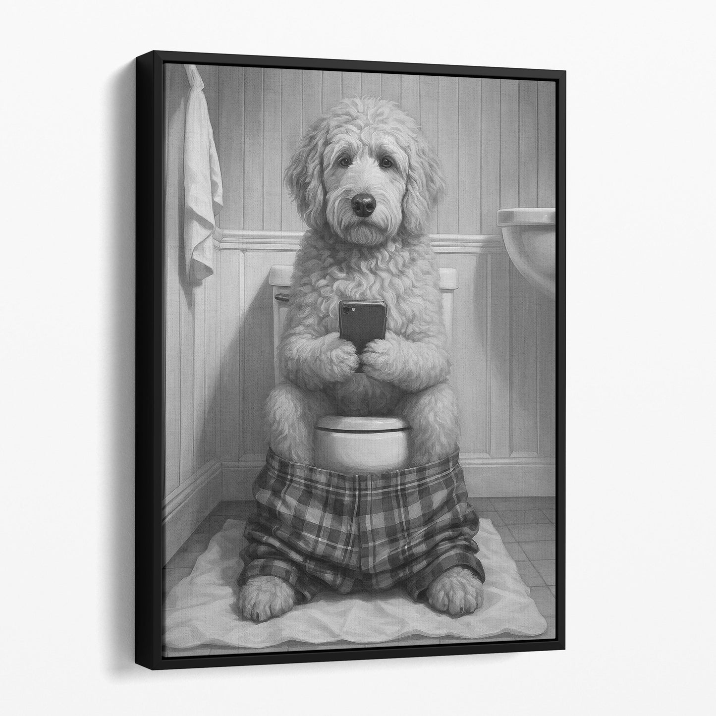 Golden Doodle Dog On The Phone On The Toilet