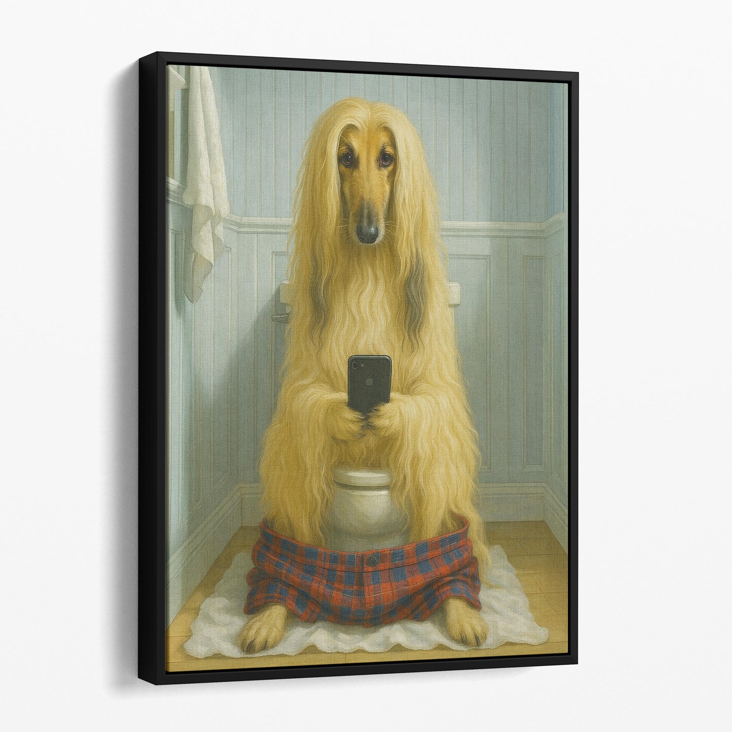 Afghan Hound Dog On The Phone On The Toilet