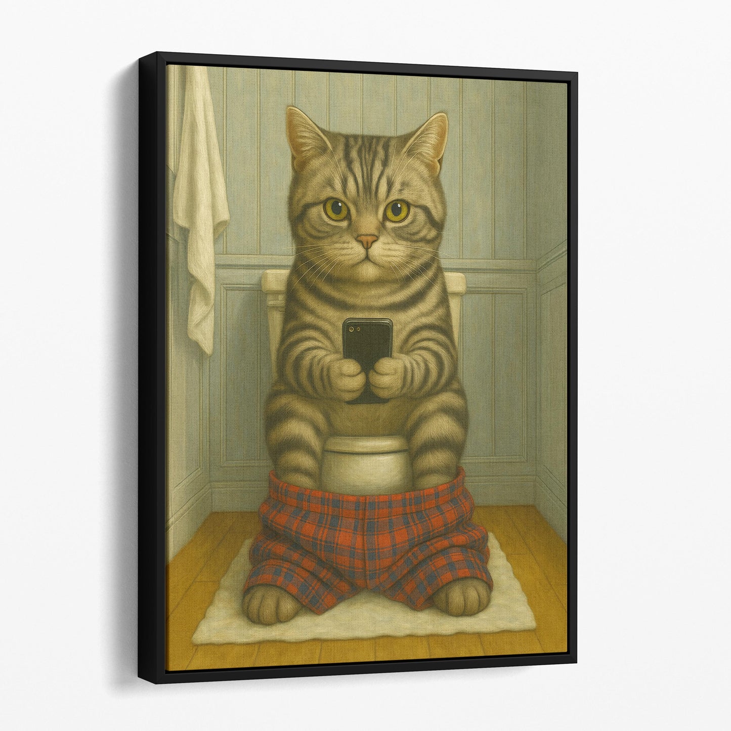 American Shorthair Cat On The Phone On The Toilet