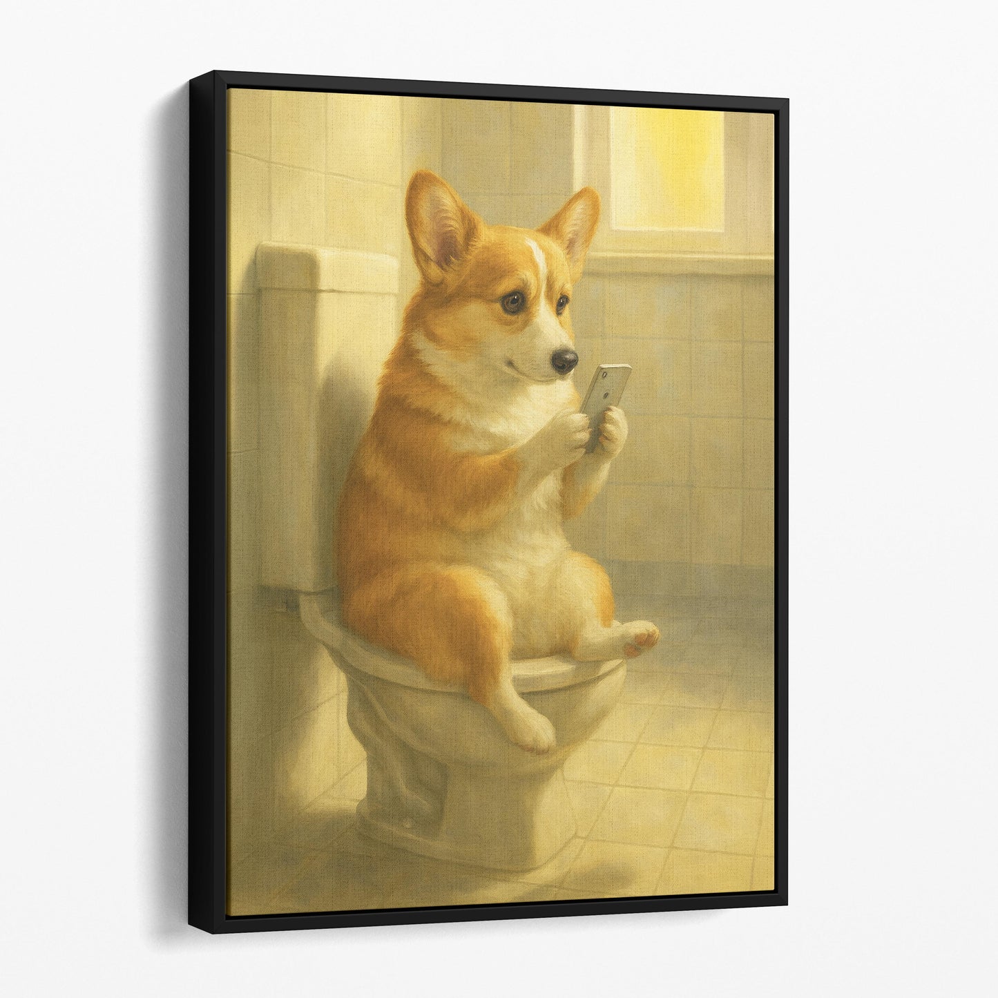Corgi Dog On The Phone On The Toilet