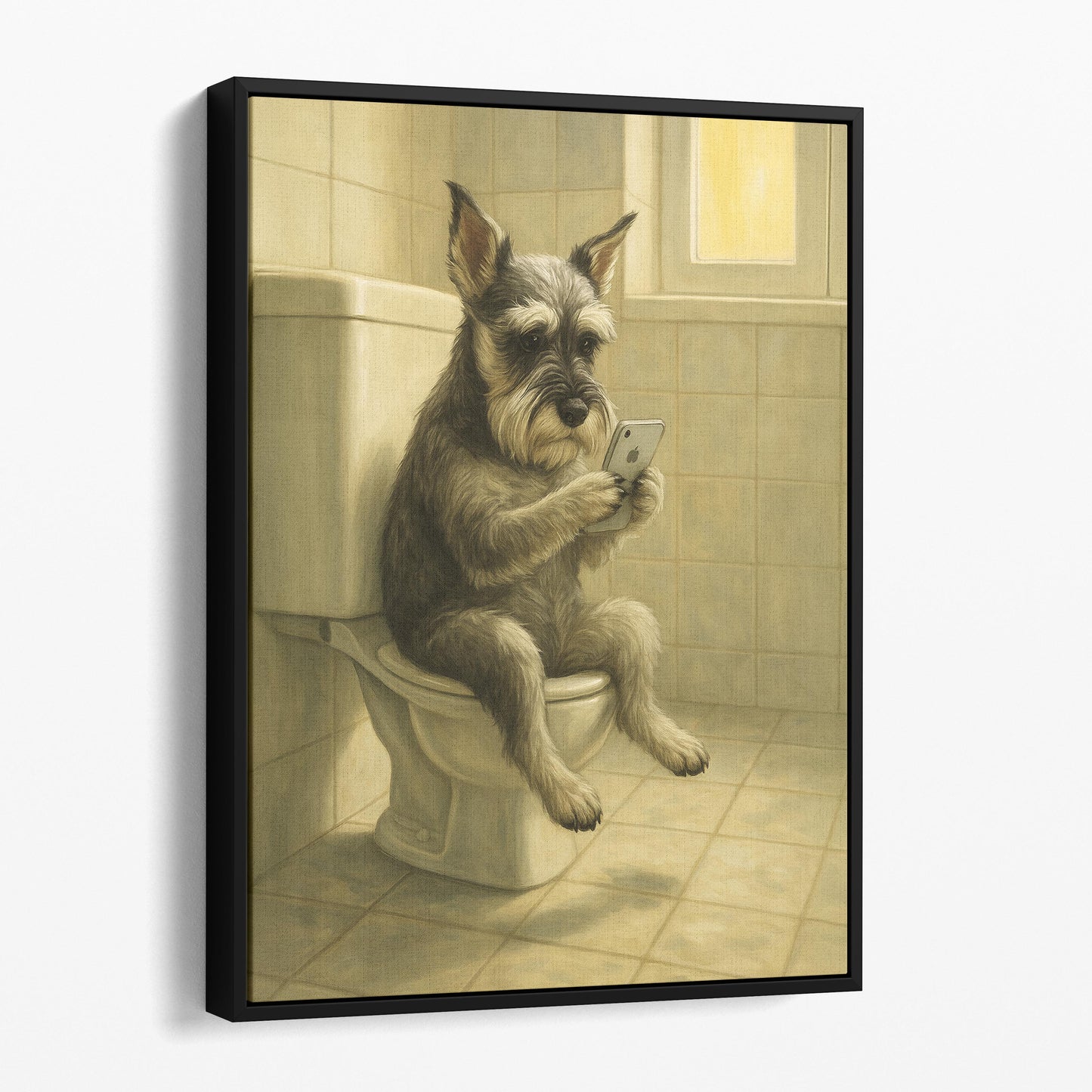 Miniature Schnauzer Dog On The Phone On The Toilet