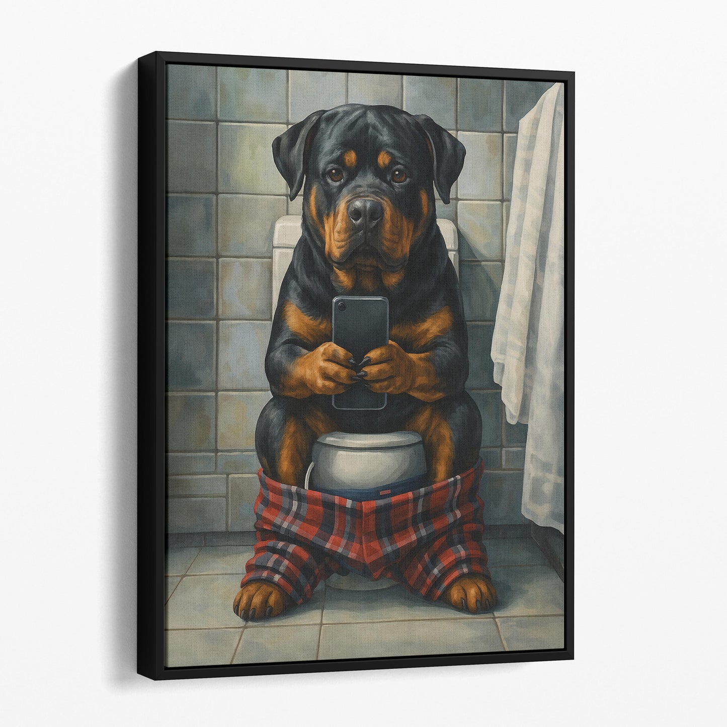 Rottweiler On The Toilet On The Phone