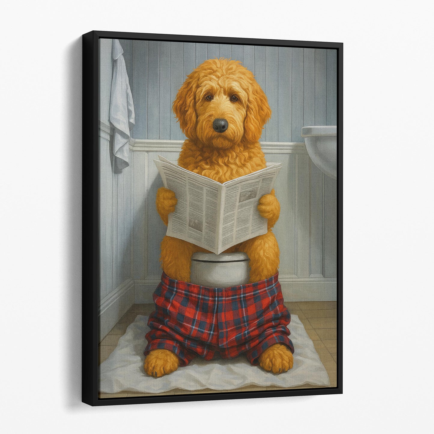 Goldendoodle Dog Reading The Newspaper On The Toilet