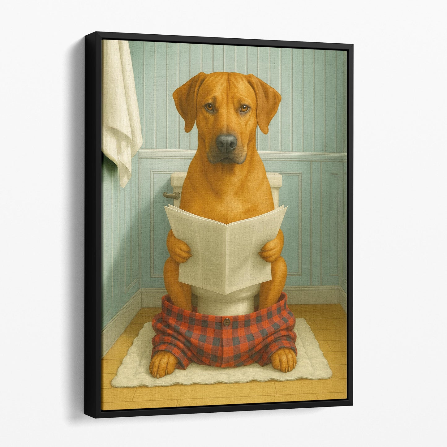 Rhodesian Ridgeback Dog Reading The Newspaper On The Toilet