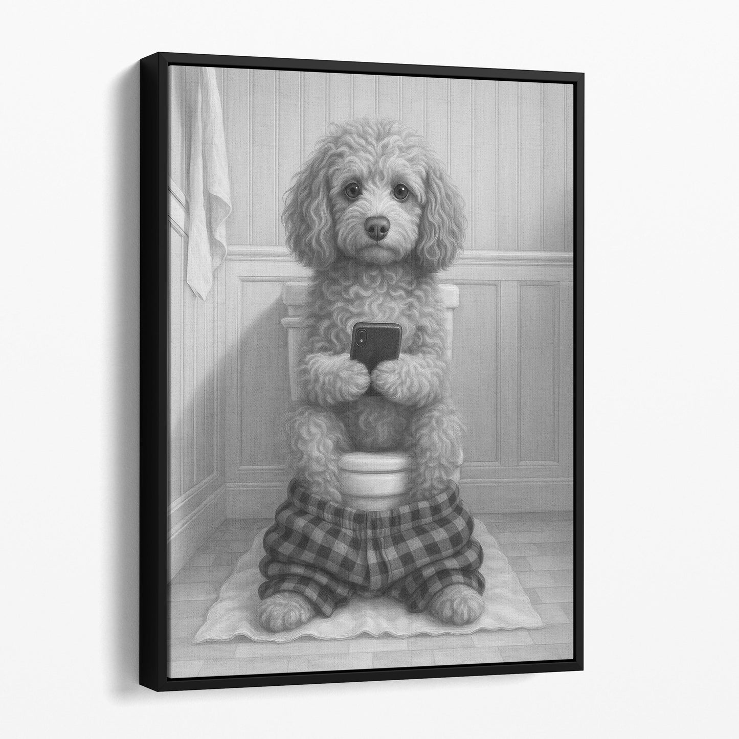 Cockapoo Dog On The Phone On The Toilet