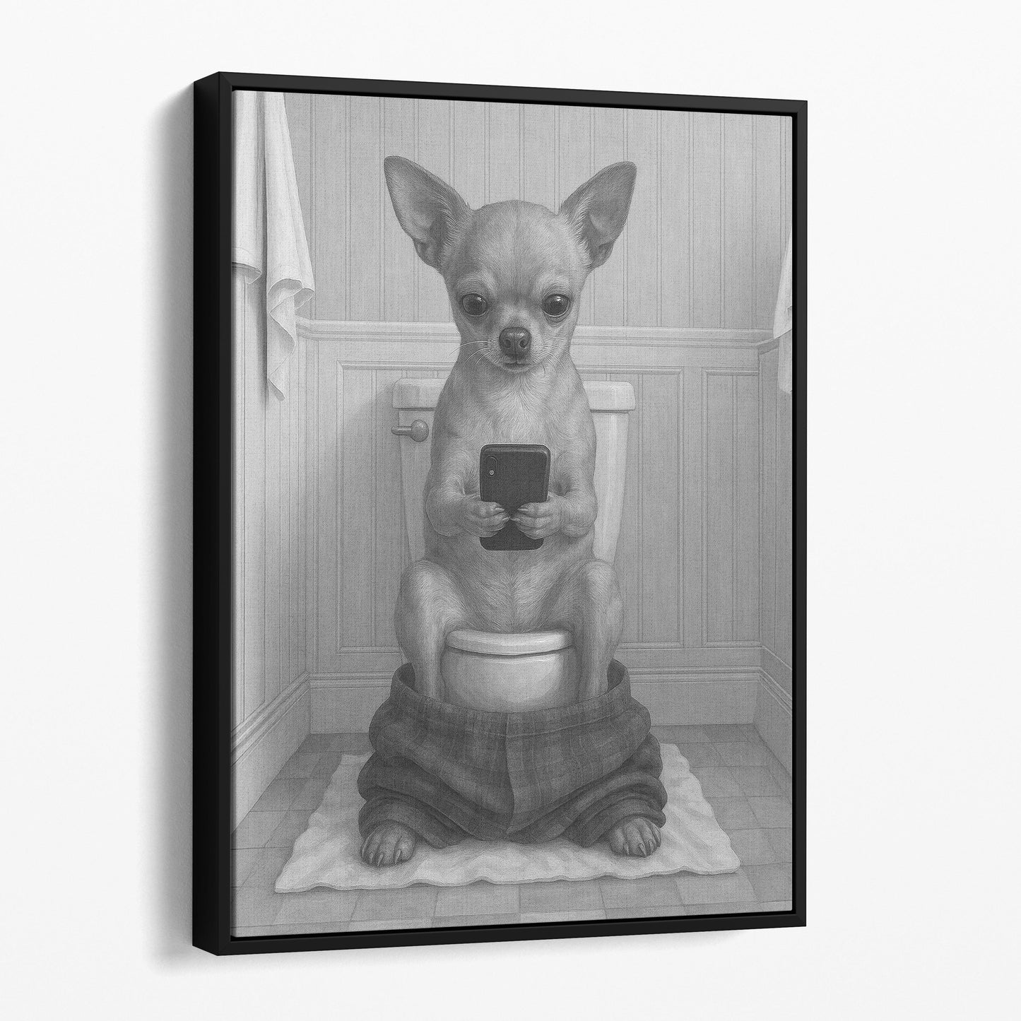 Chihuahua Dog On The Phone On The Toilet