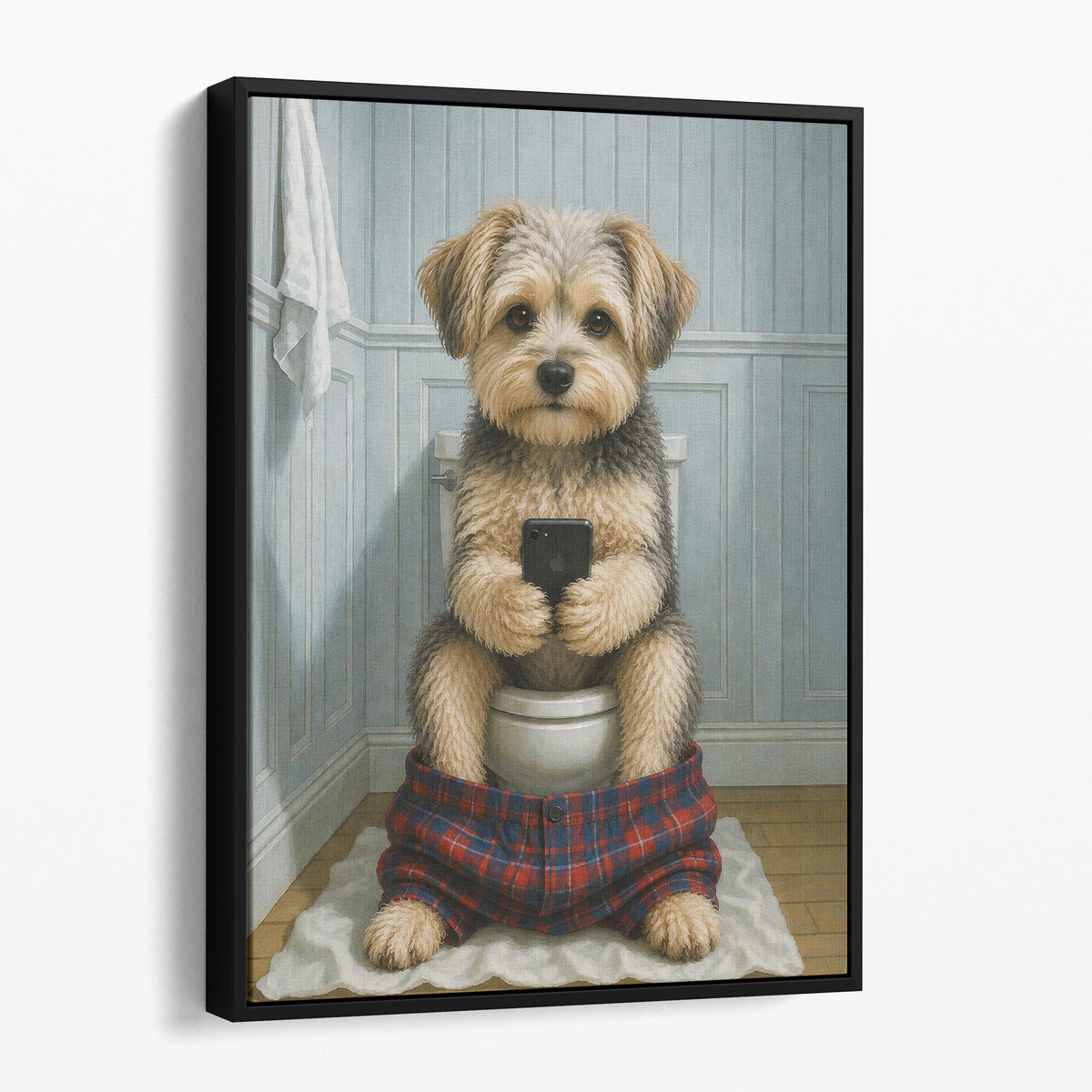 Morkie Dog On The Phone On The Toilet