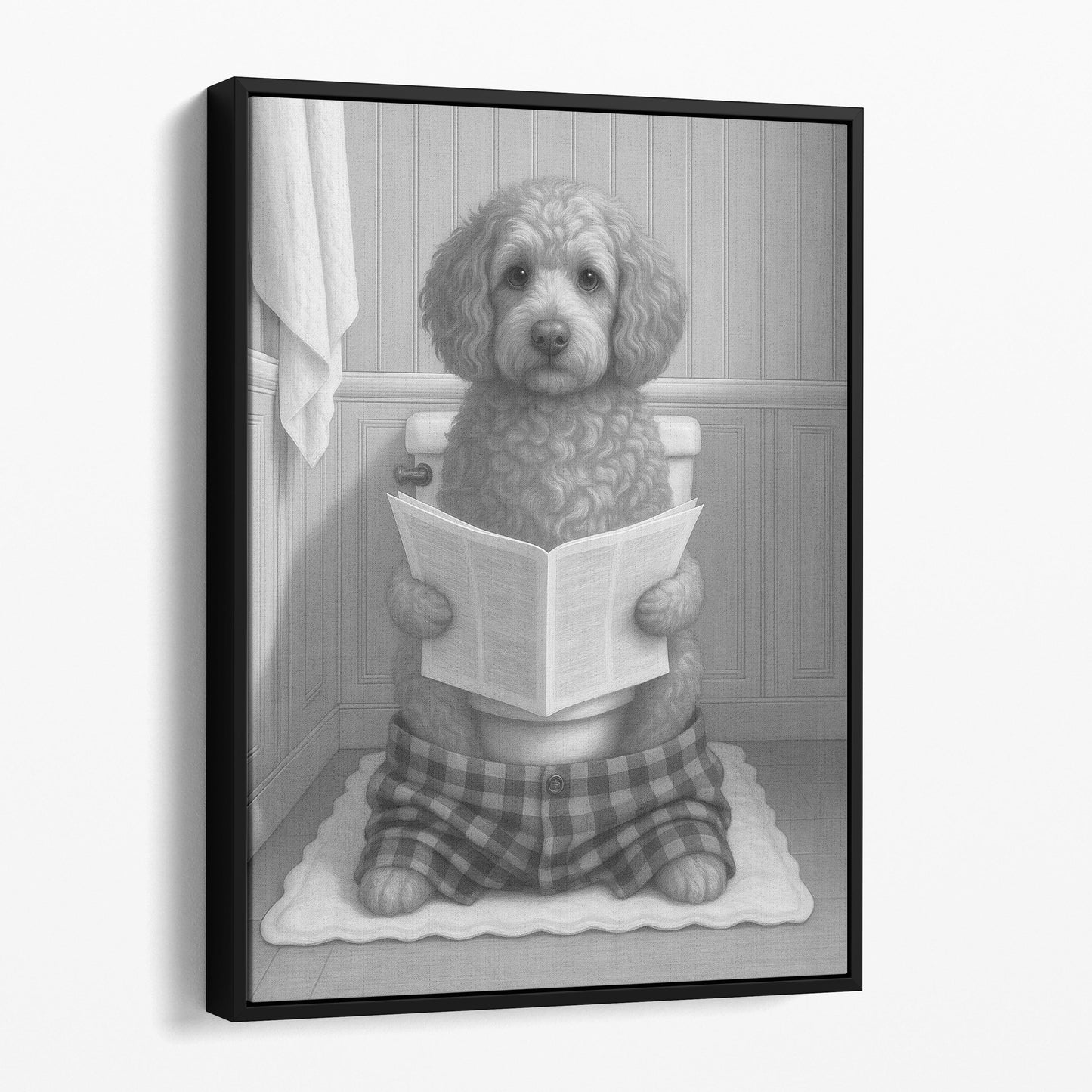 Cockapoo Dog Reading The Newspaper On The Toilet