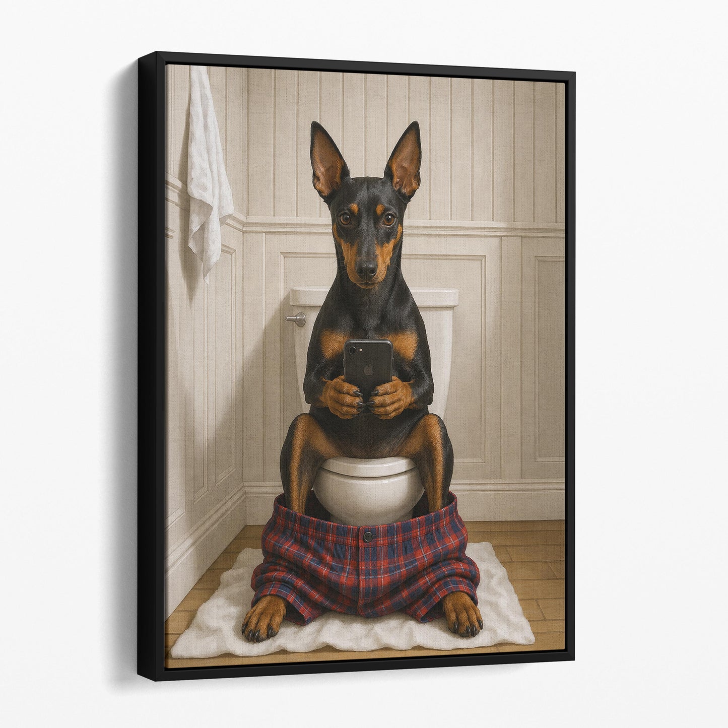 Manchester Terrier Dog On The Phone On The Toilet