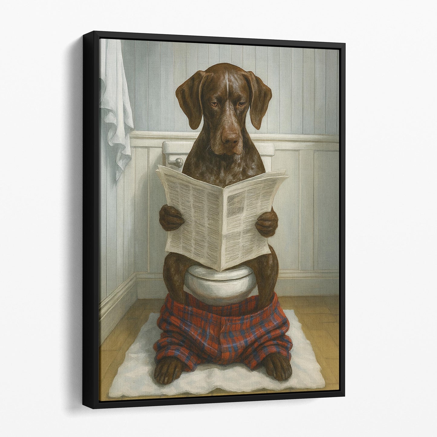 German Shorthaired Pointer Dog Reading The Newspaper On The Toilet