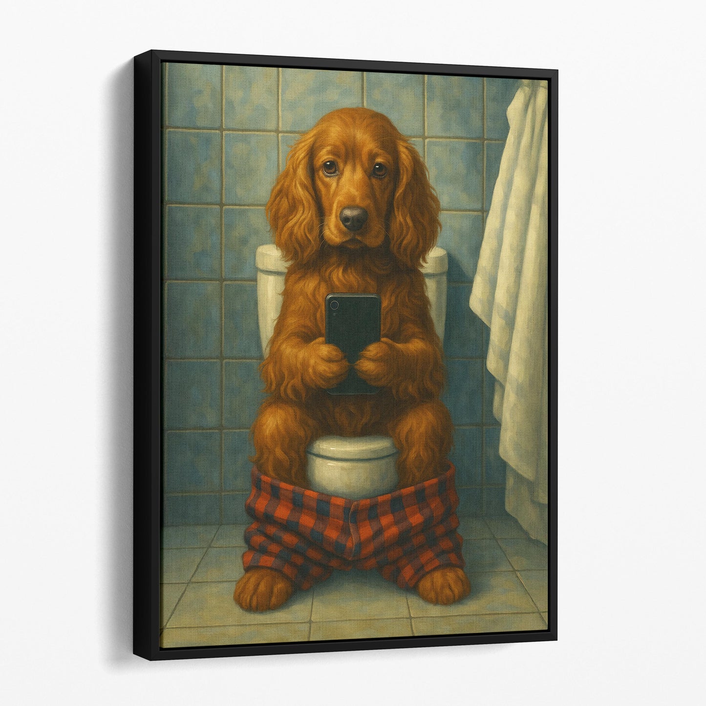 Cocker Spaniel Dog On The Phone On The Toilet