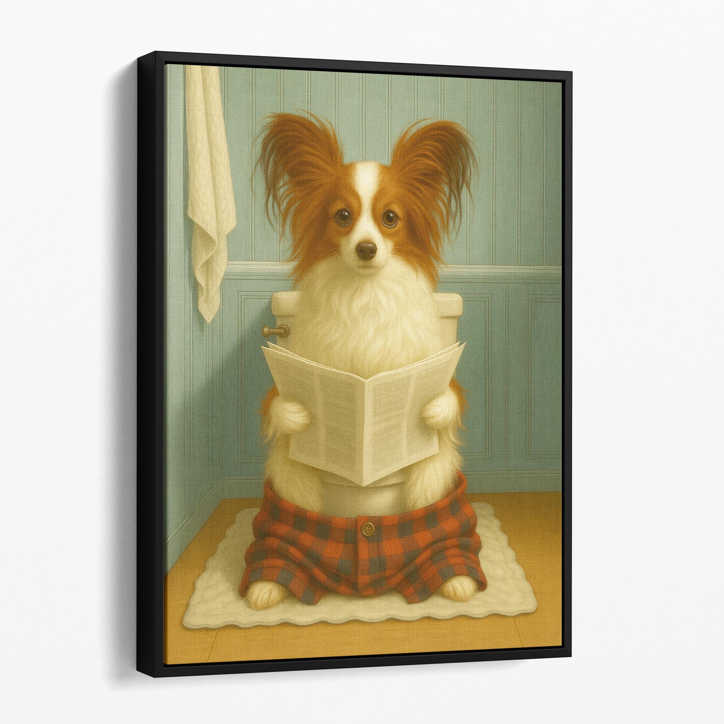 Papillon Dog Reading The Newspaper On The Toilet