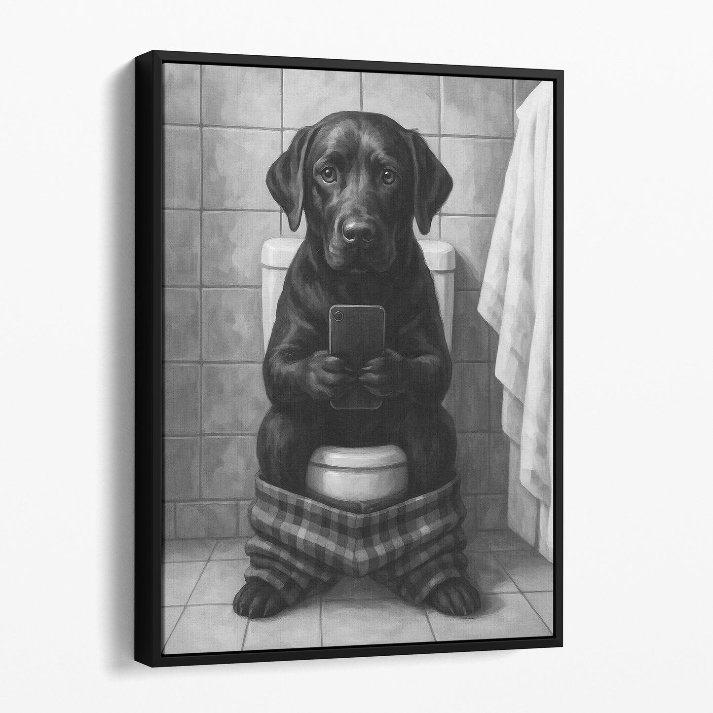 Black Labrador On The Phone On The Toilet