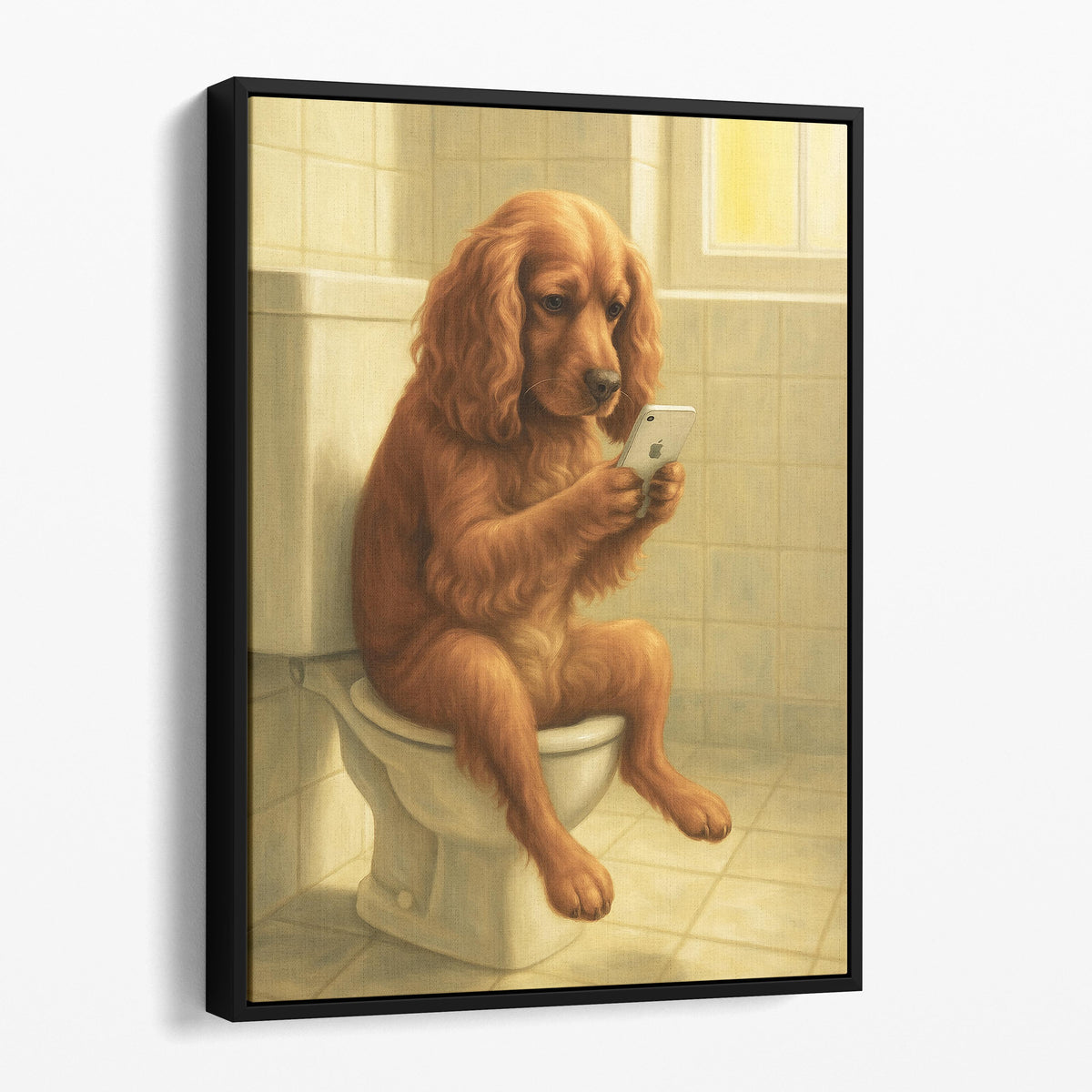 English Cocker Spaniel Dog On The Phone On The Toilet