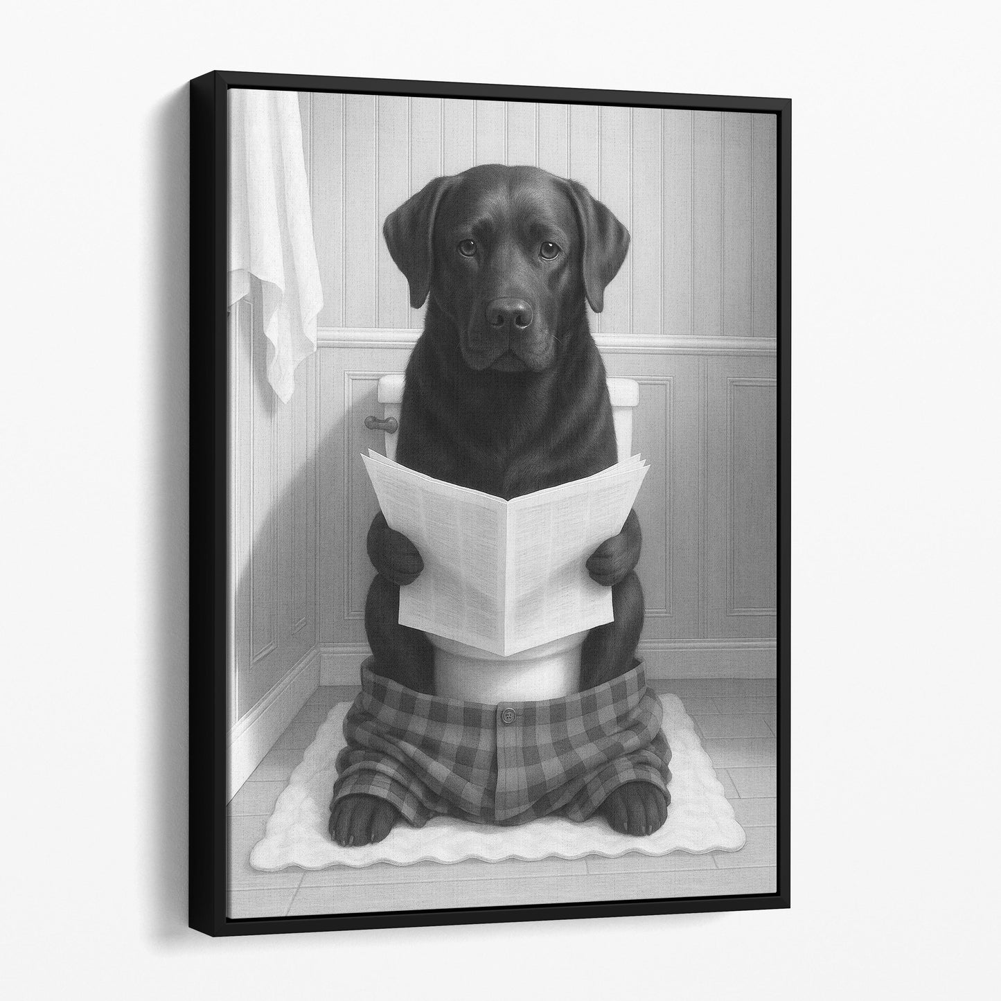 Black Labrador Dog Reading The Newspaper On The Toilet