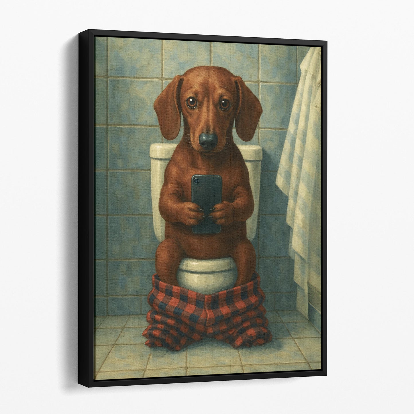 Dachshund Dog On The Phone On The Toilet