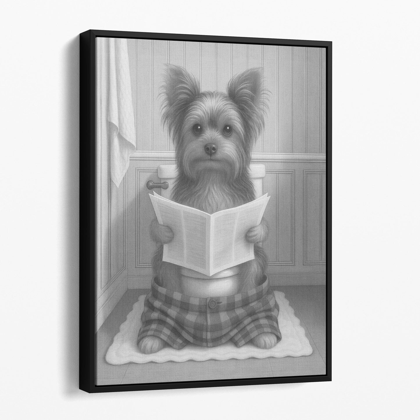 Yorkshire Terrier Dog Reading The Newspaper On The Toilet