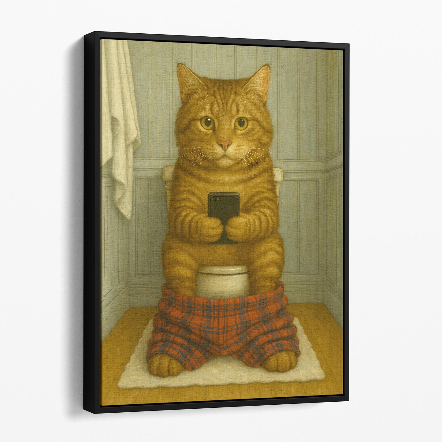 American Bobtail Cat On The Phone On The Toilet