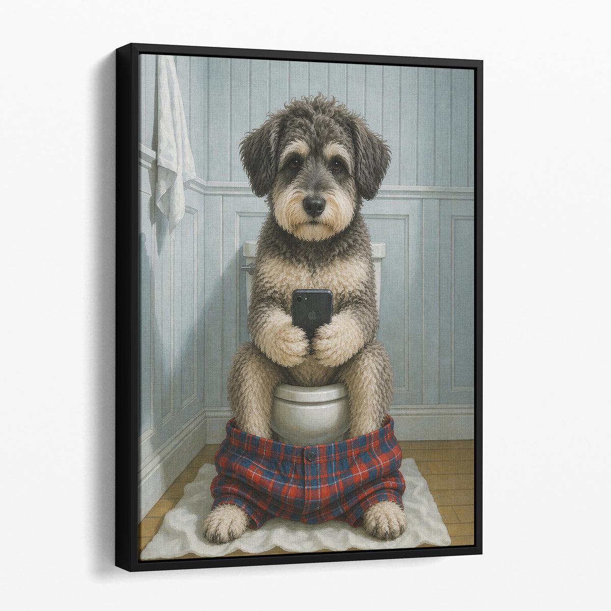 Schnoodle Dog On The Phone On The Toilet