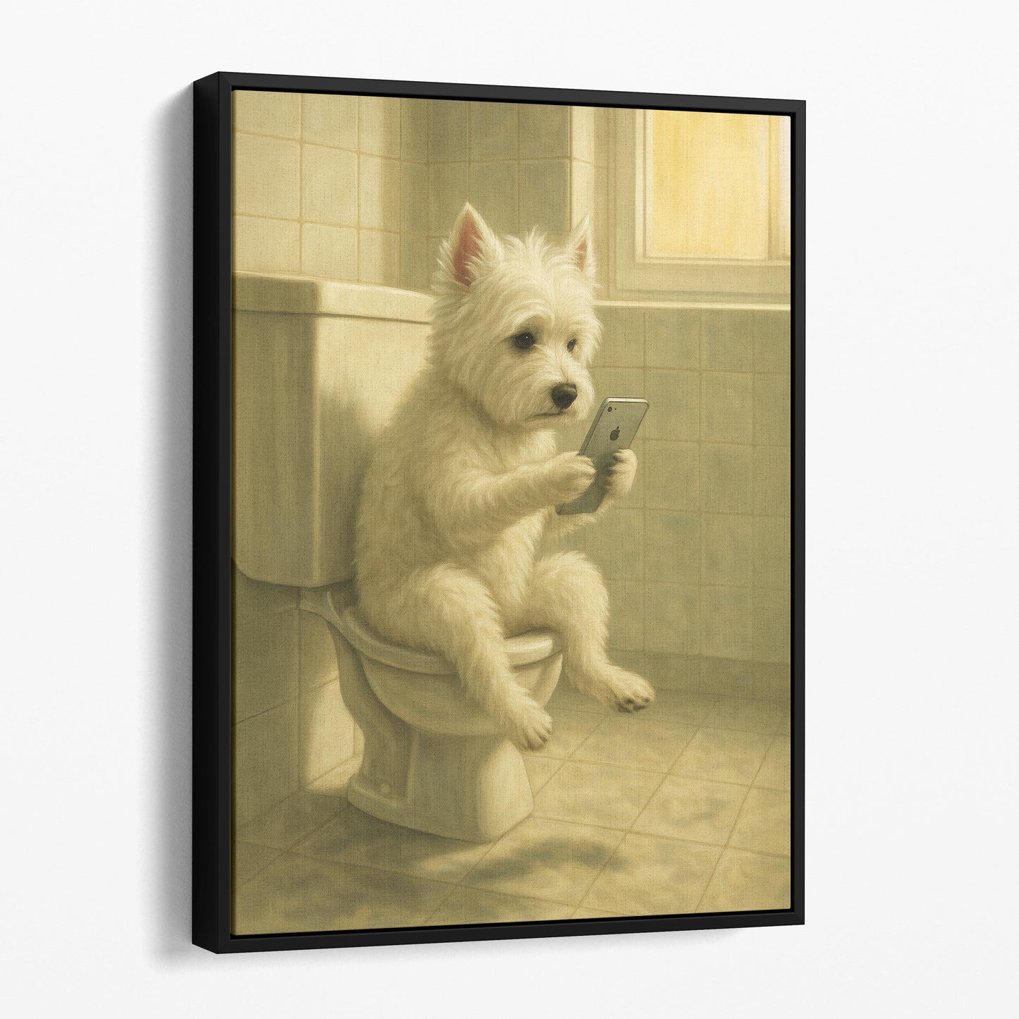 West Highland White Terrier Dog On The Phone On The Toilet