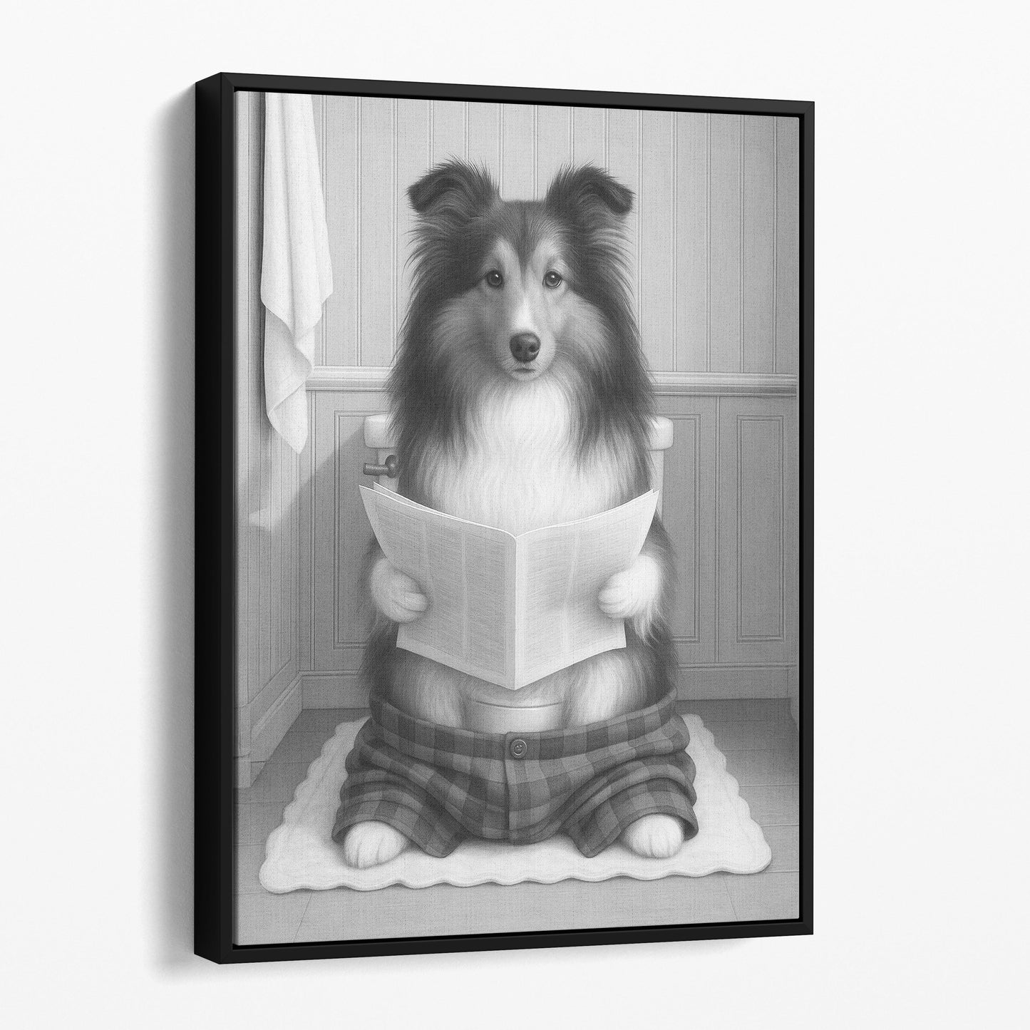 Shetland Sheepdog Reading The Newspaper On The Toilet