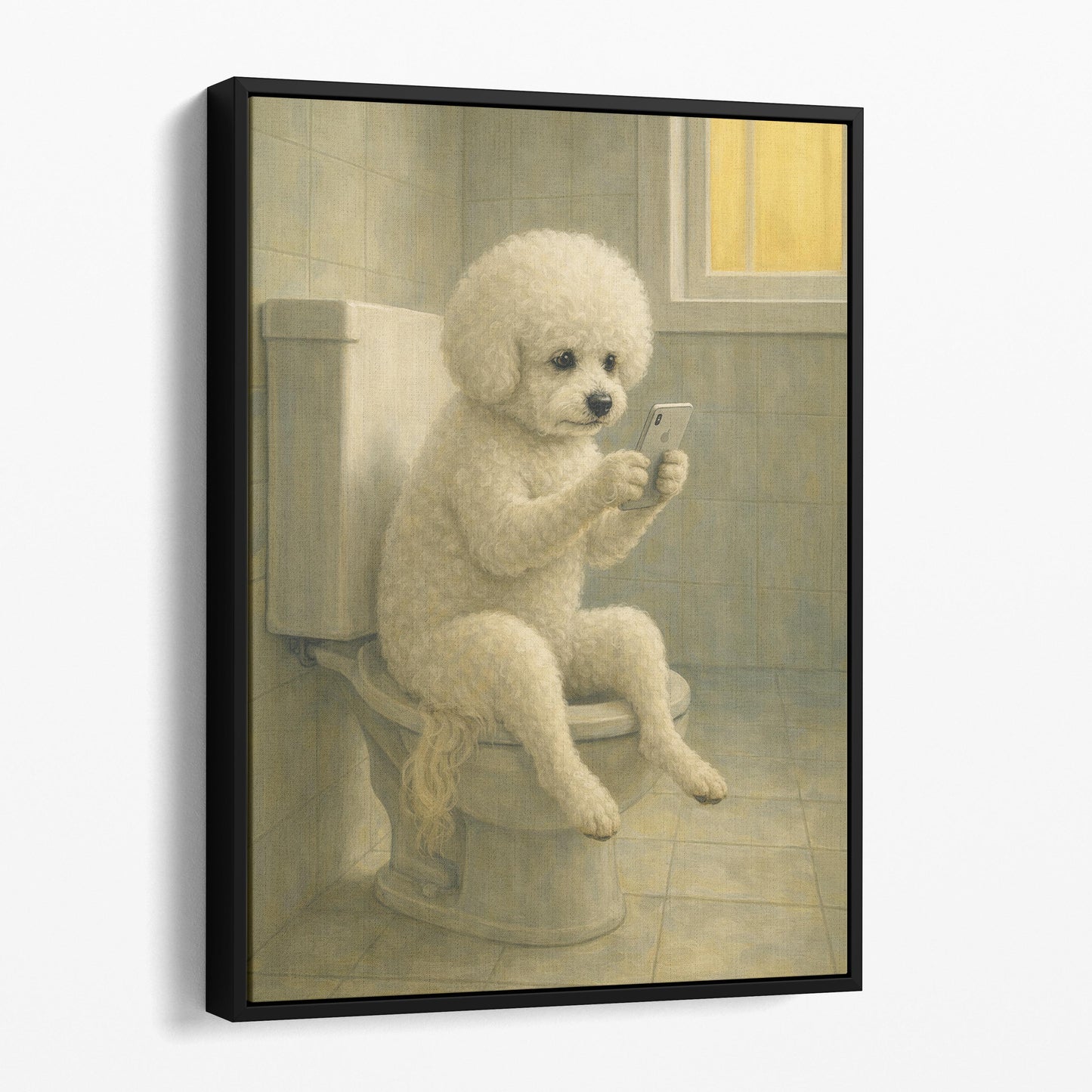 Bichon Frise Dog On The Phone On The Toilet