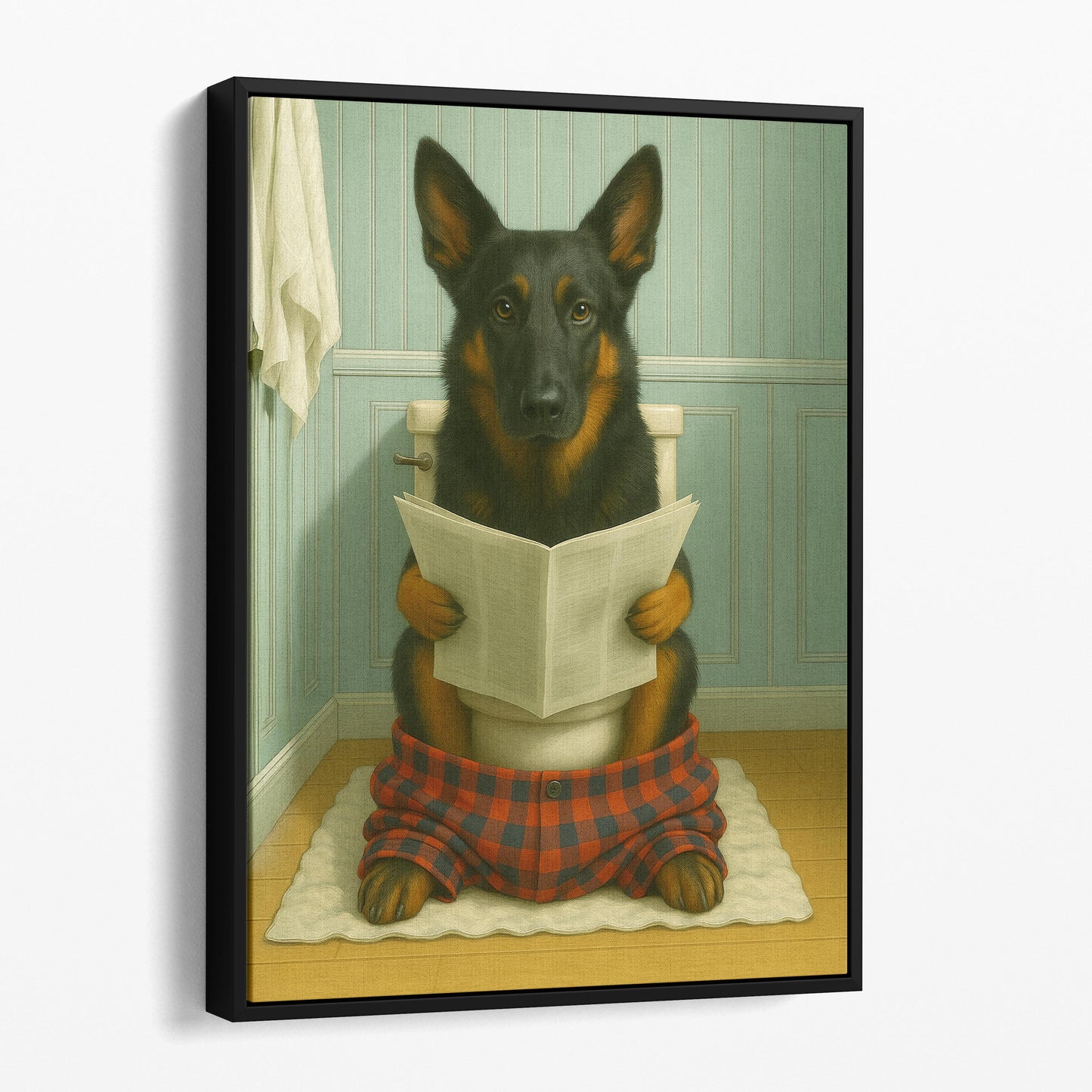Belgian Shepherd Dog Reading The Newspaper On The Toilet
