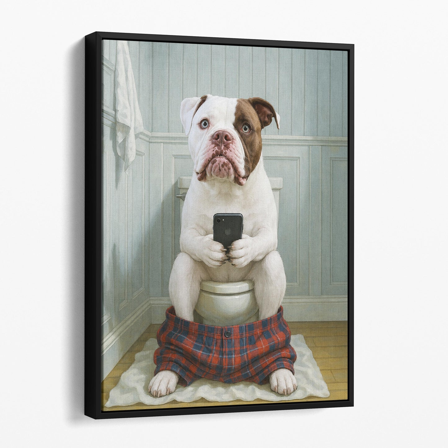 American Pitbull Dog On The Phone On The Toilet