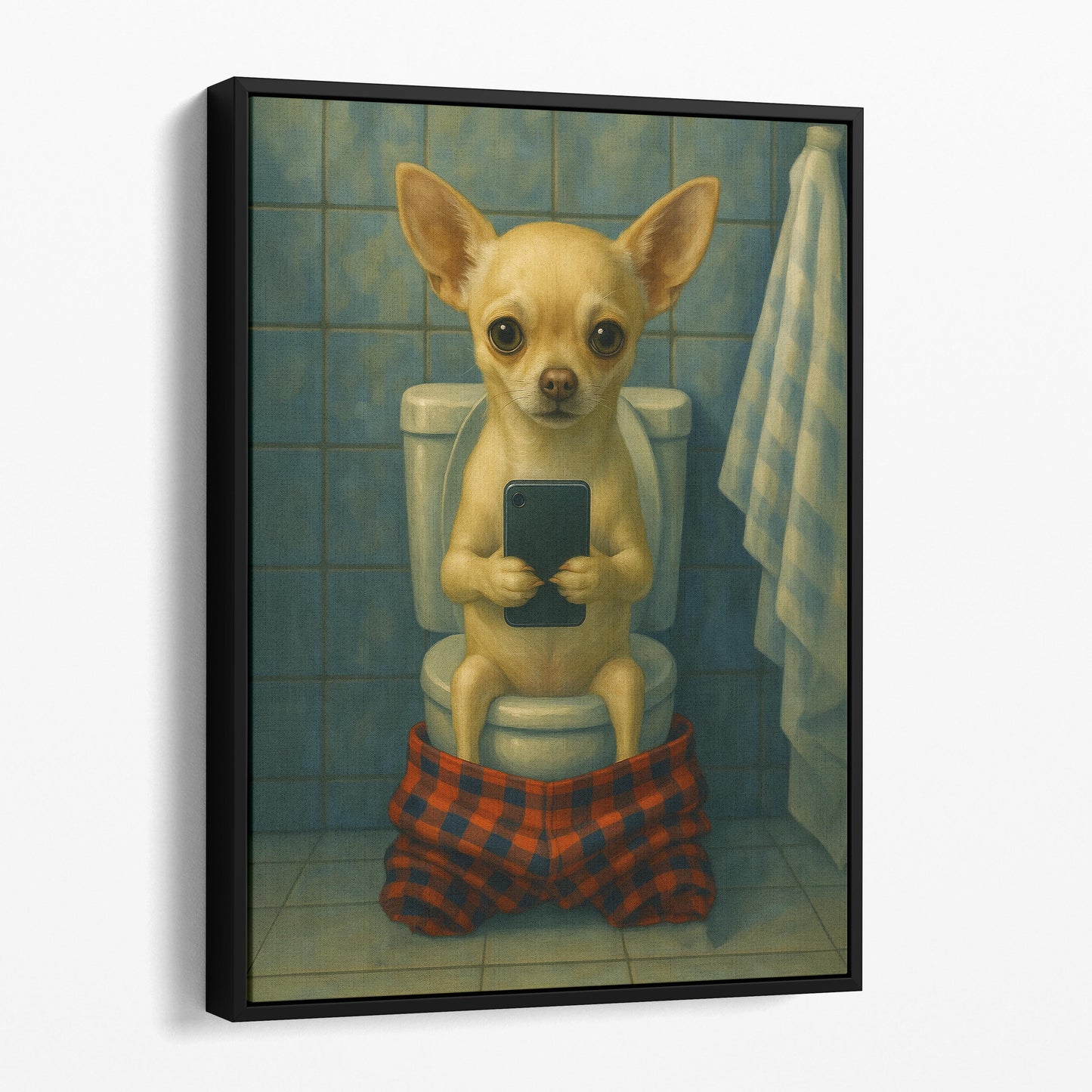 Chihuahua Dog On The Phone On The Toilet