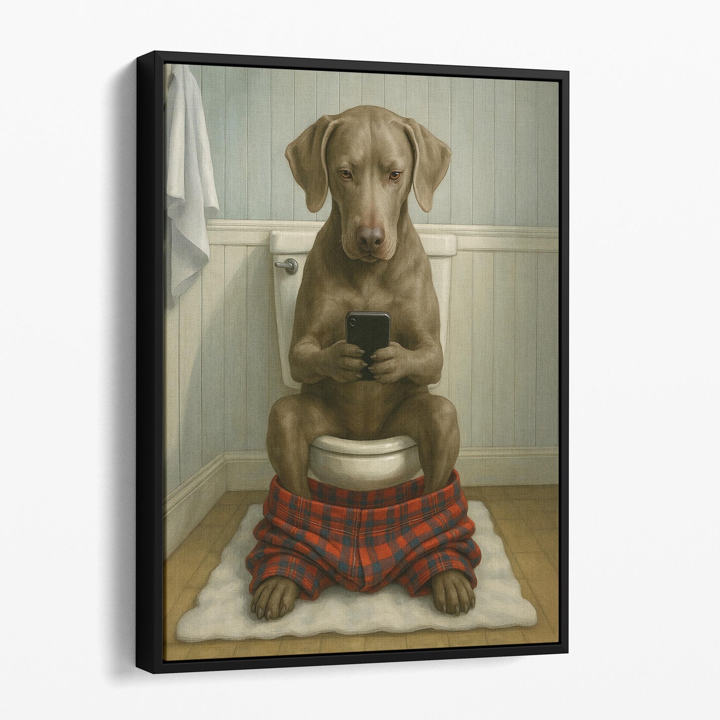 Weimaraner Dog On The Phone On The Toilet