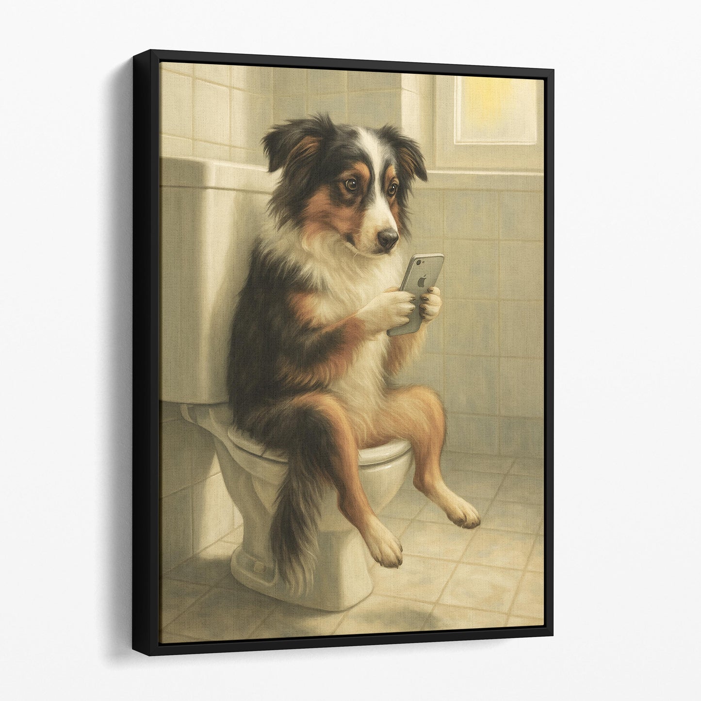 Australian Shepherd Dog On The Phone On The Toilet