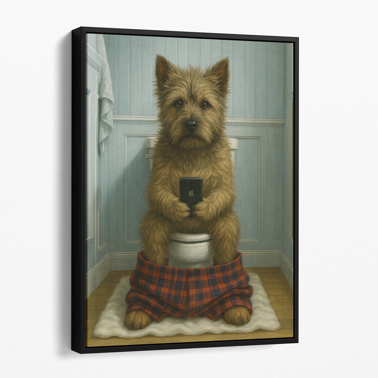 Cairn Terrier Dog On The Phone On The Toilet