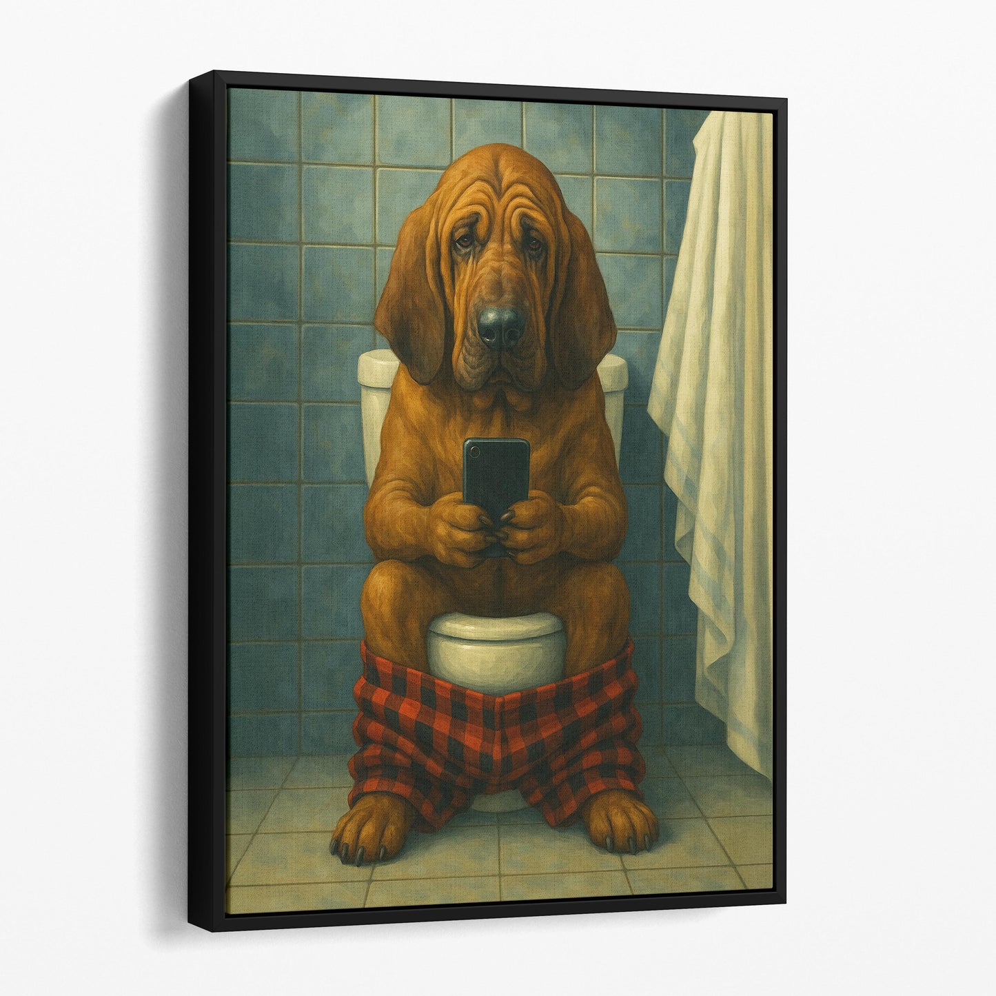 Bloodhound Dog On The Phone On The Toilet