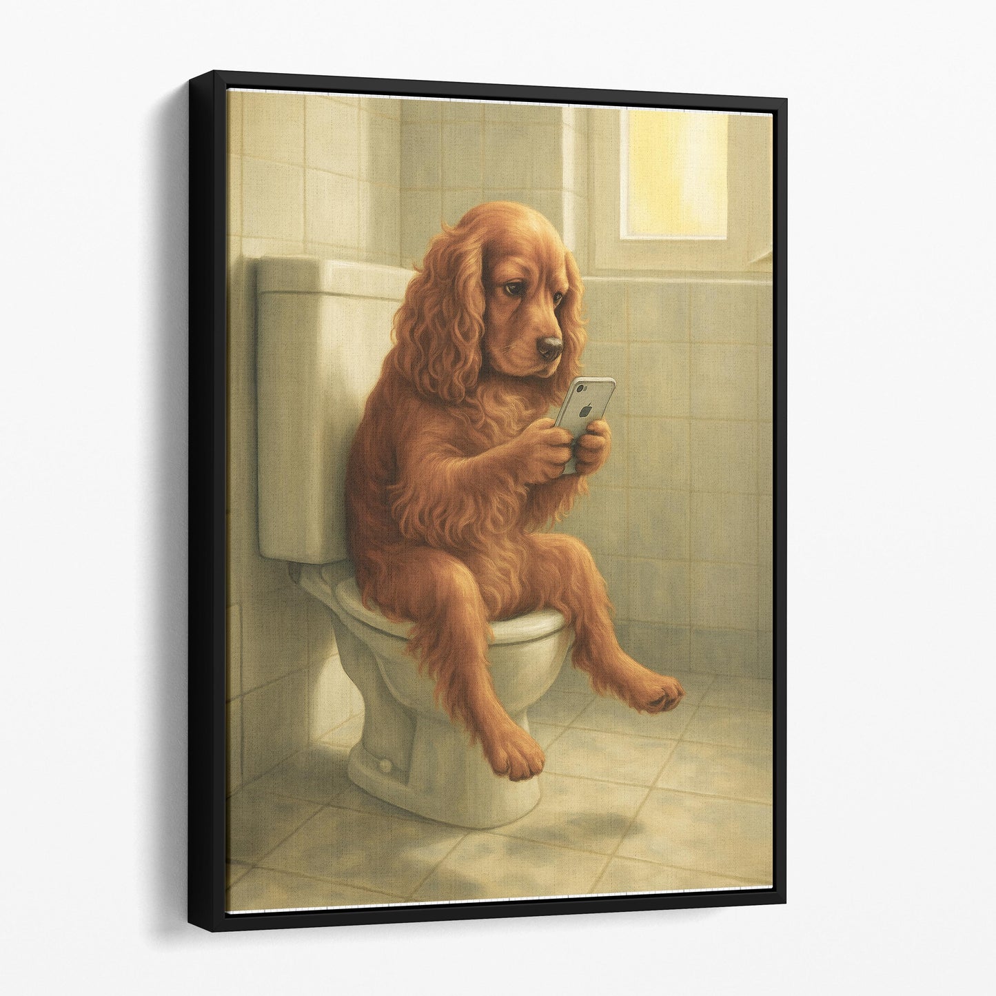 Cocker Spaniel Dog On The Phone On The Toilet