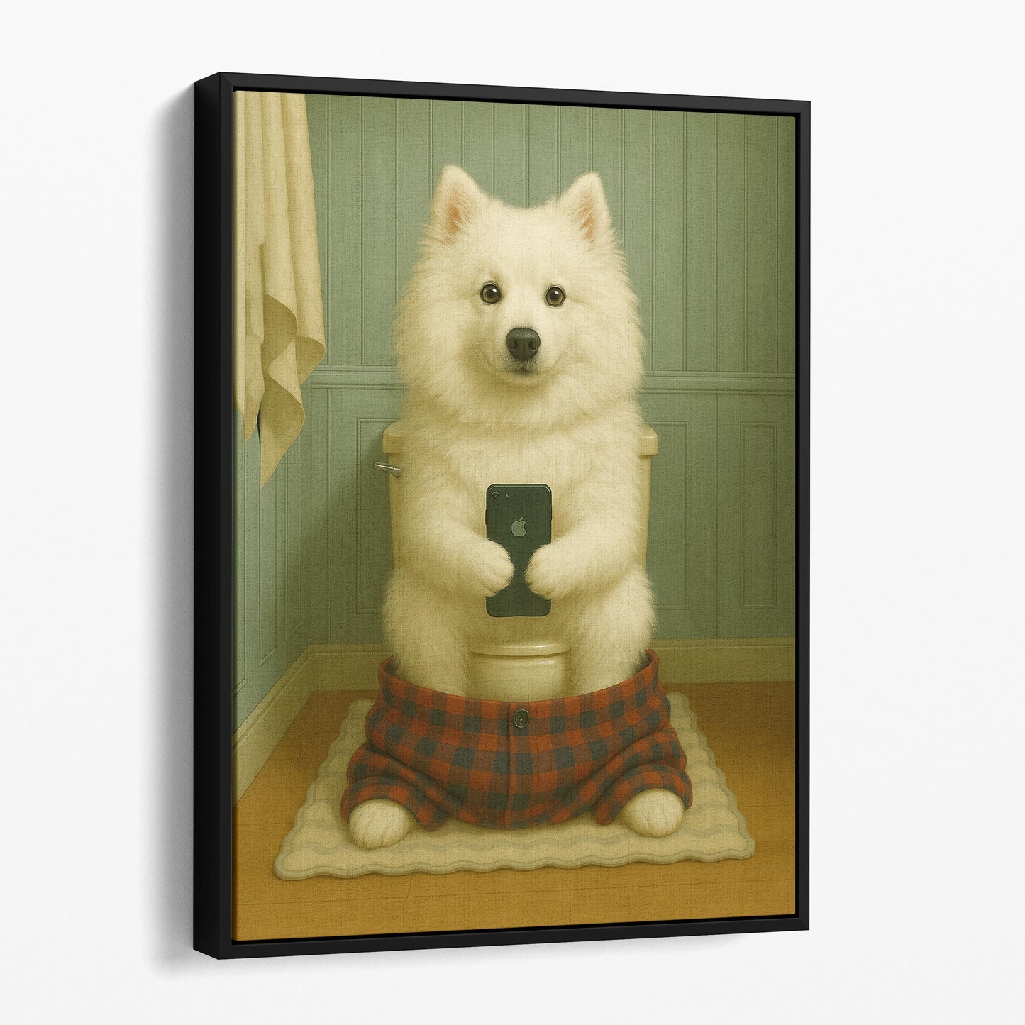 American Eskimo Dog On The Phone On The Toilet