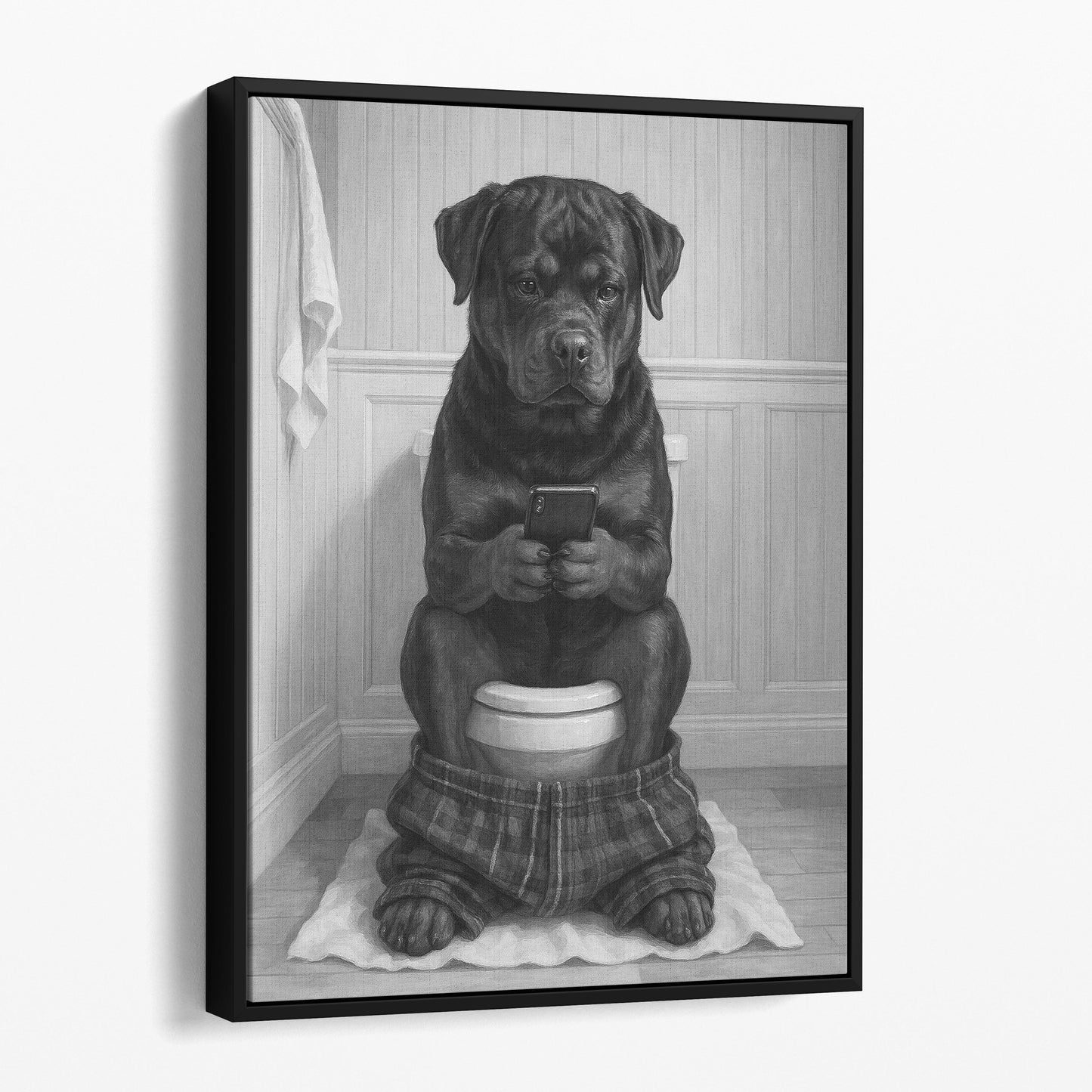 Rottweiler Dog On The Phone On The Toilet
