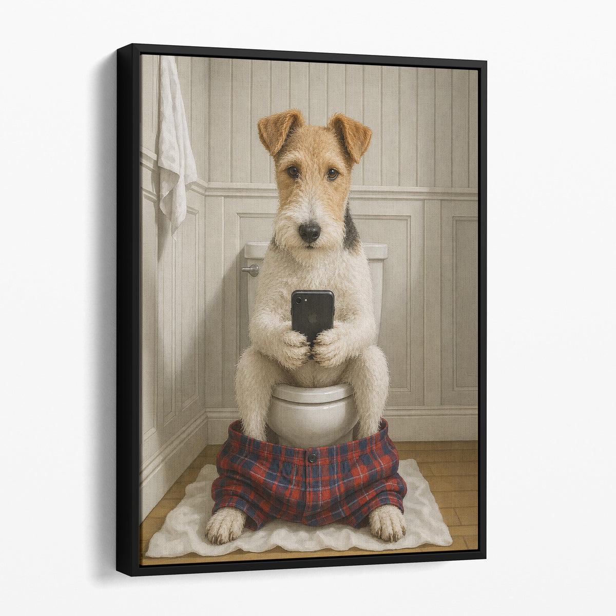 Wire Fox Terrier Dog On The Phone On The Toilet
