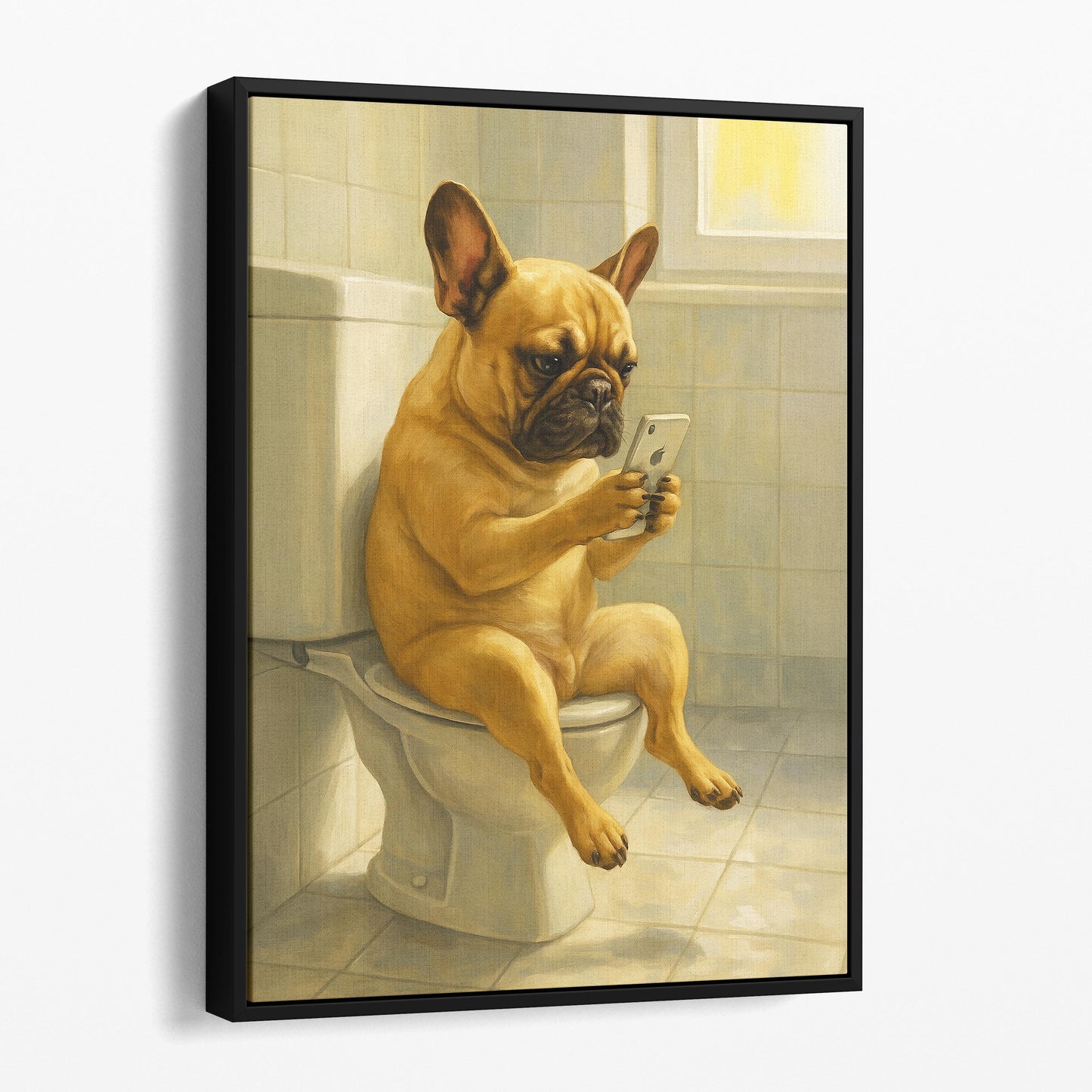 French Bulldog On The Phone On The Toilet
