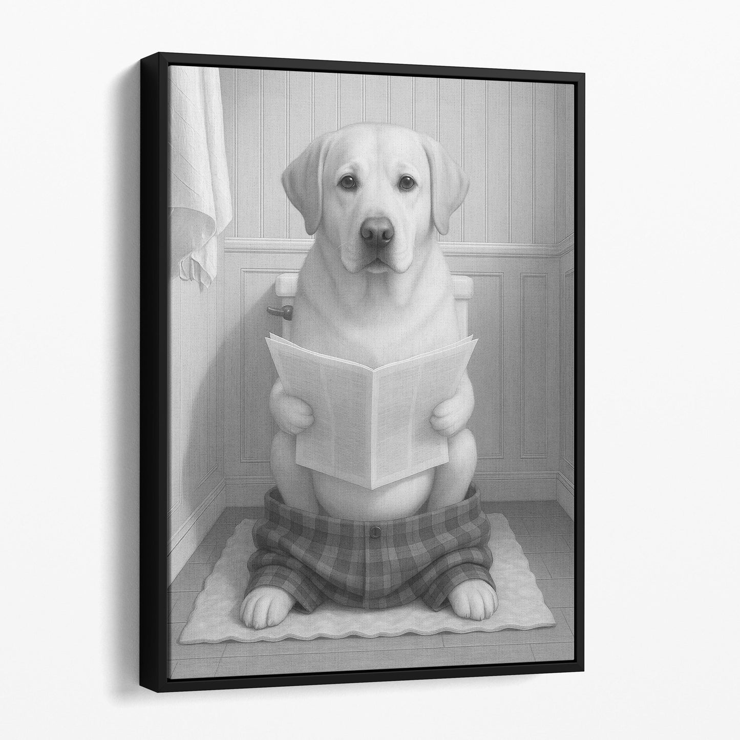 Yellow Labrador Retriever Dog Reading The Newspaper On The Toilet
