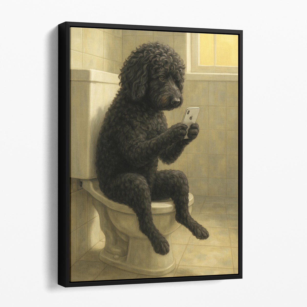 Portuguese Water Dog On The Phone On The Toilet