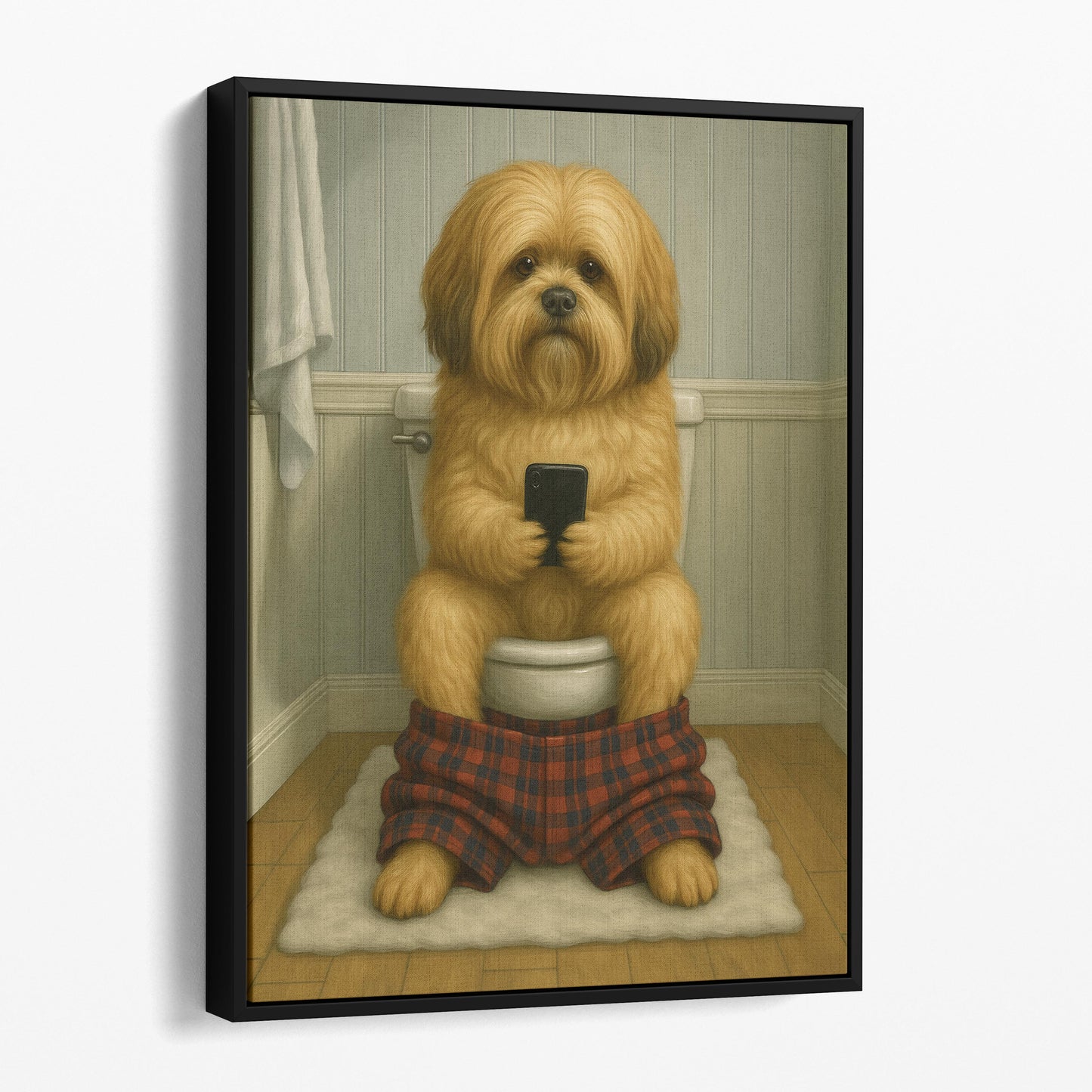 Lhasa Apso Dog On The Phone On The Toilet