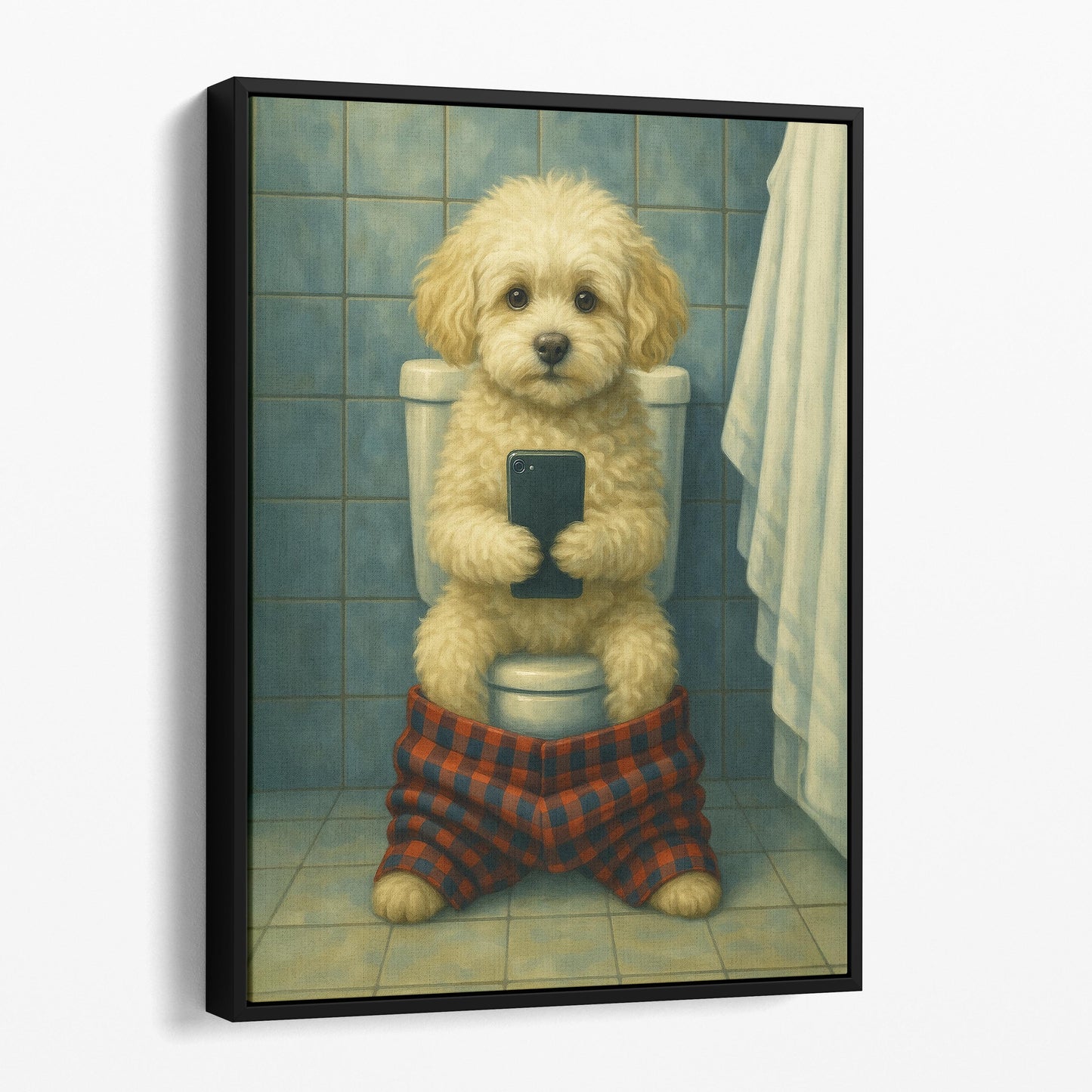 Maltipoo Dog On The Phone On The Toilet